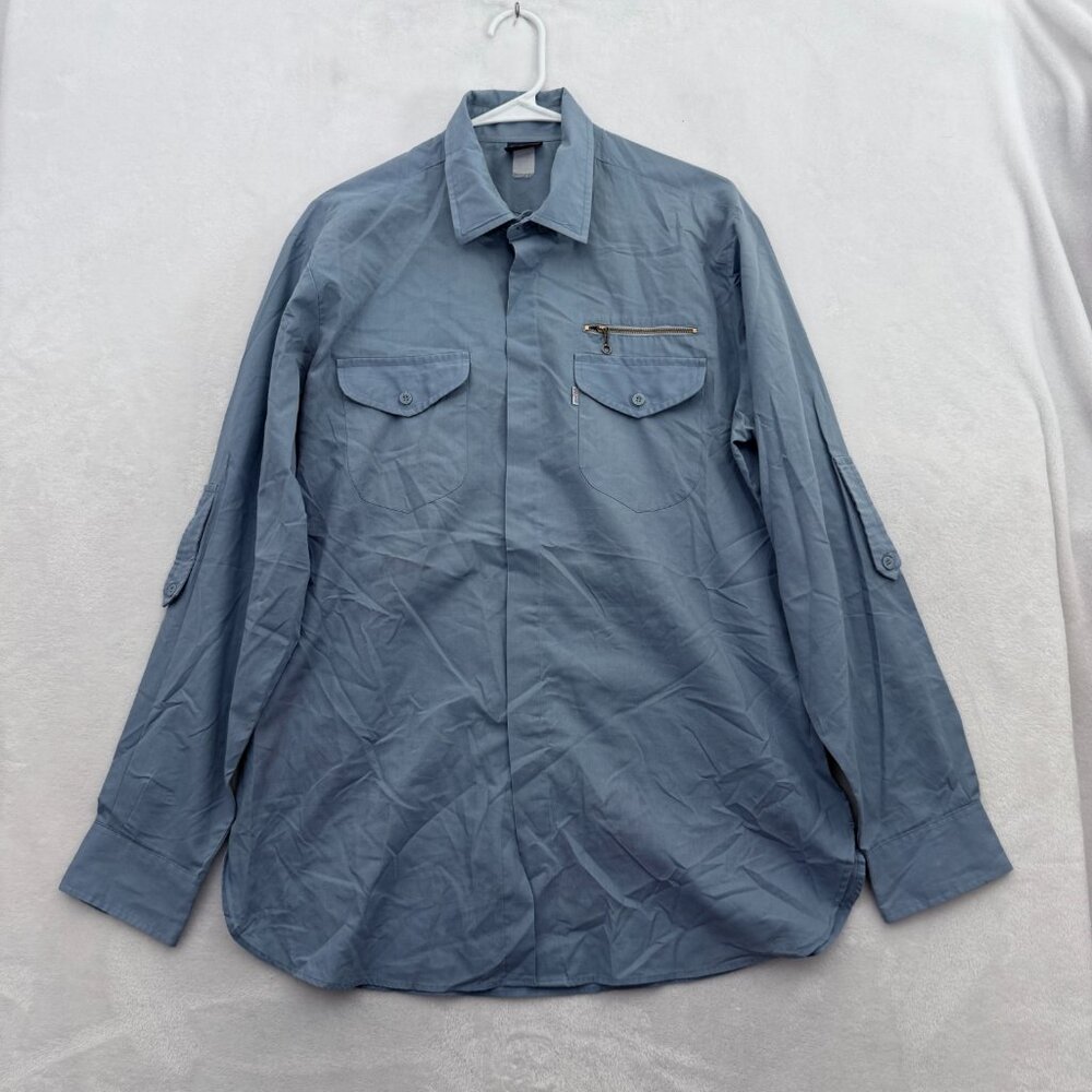 VTG Levis Shirt Mens L Blue Workwear Roll Up Sleeve Zipper Pocket Button Up 80s